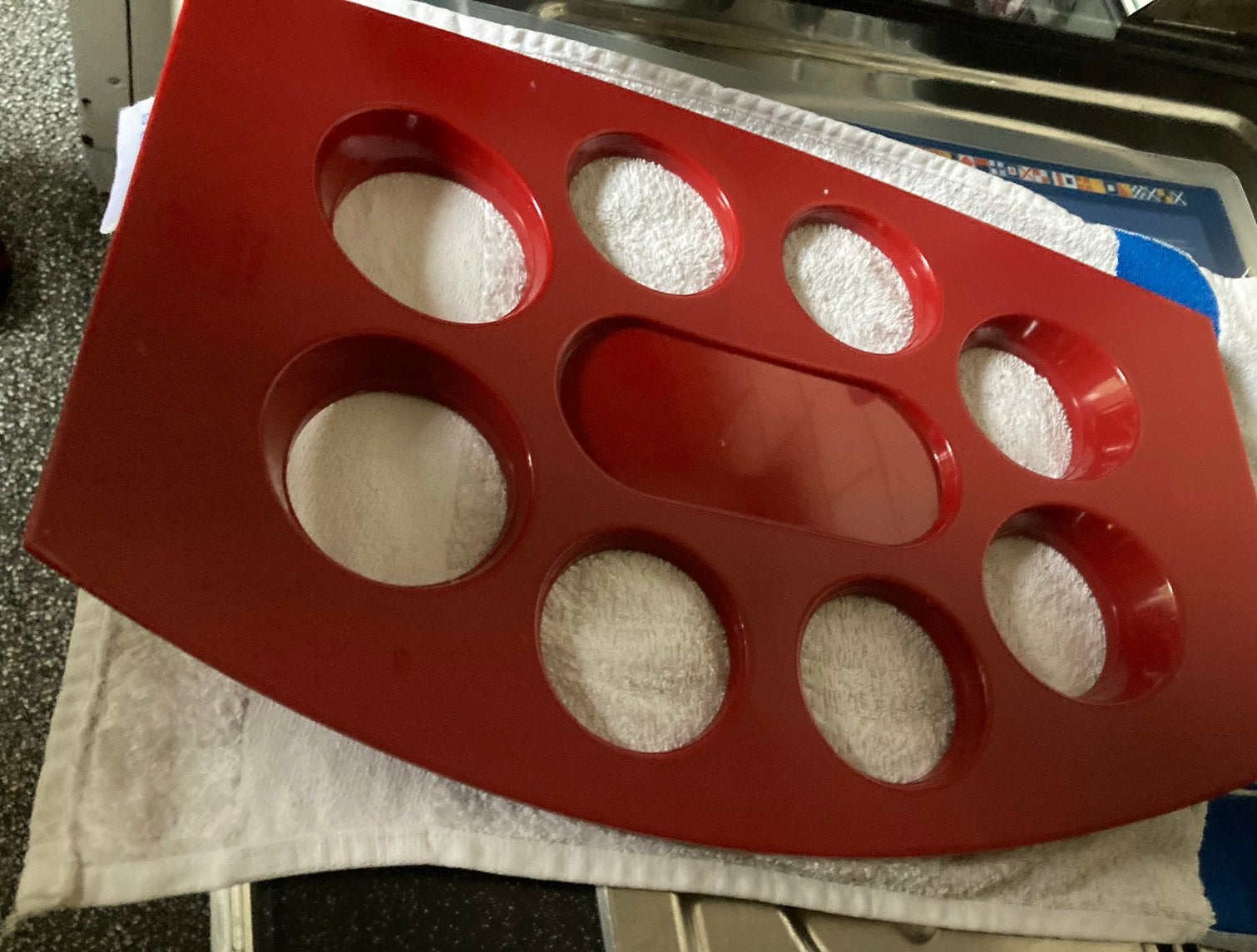 Rood Douwe Egberts dienblad met 9 uitsparingen, Kunststof, Gebruikt, Ophalen of Verzenden, Overige vormen