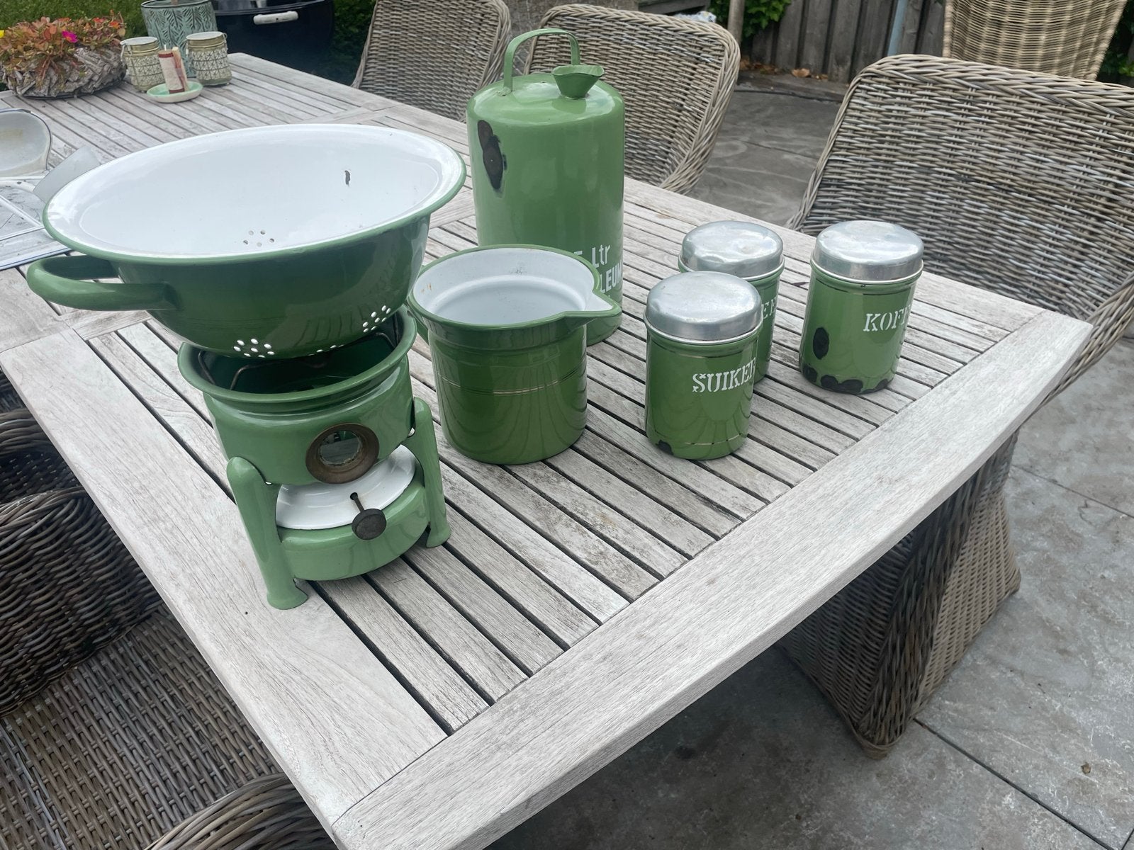 Vintage Groen Emaille Keukenset - Fondue, Bussen, Maatbeker, Ophalen of Verzenden