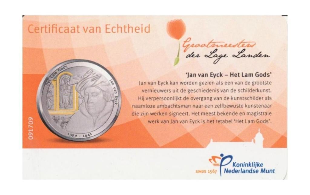 Nederland Jan van Eyck-penning in kleur in coincard, Postzegels en Munten, Munten | Nederland, Ophalen of Verzenden, Koningin Beatrix