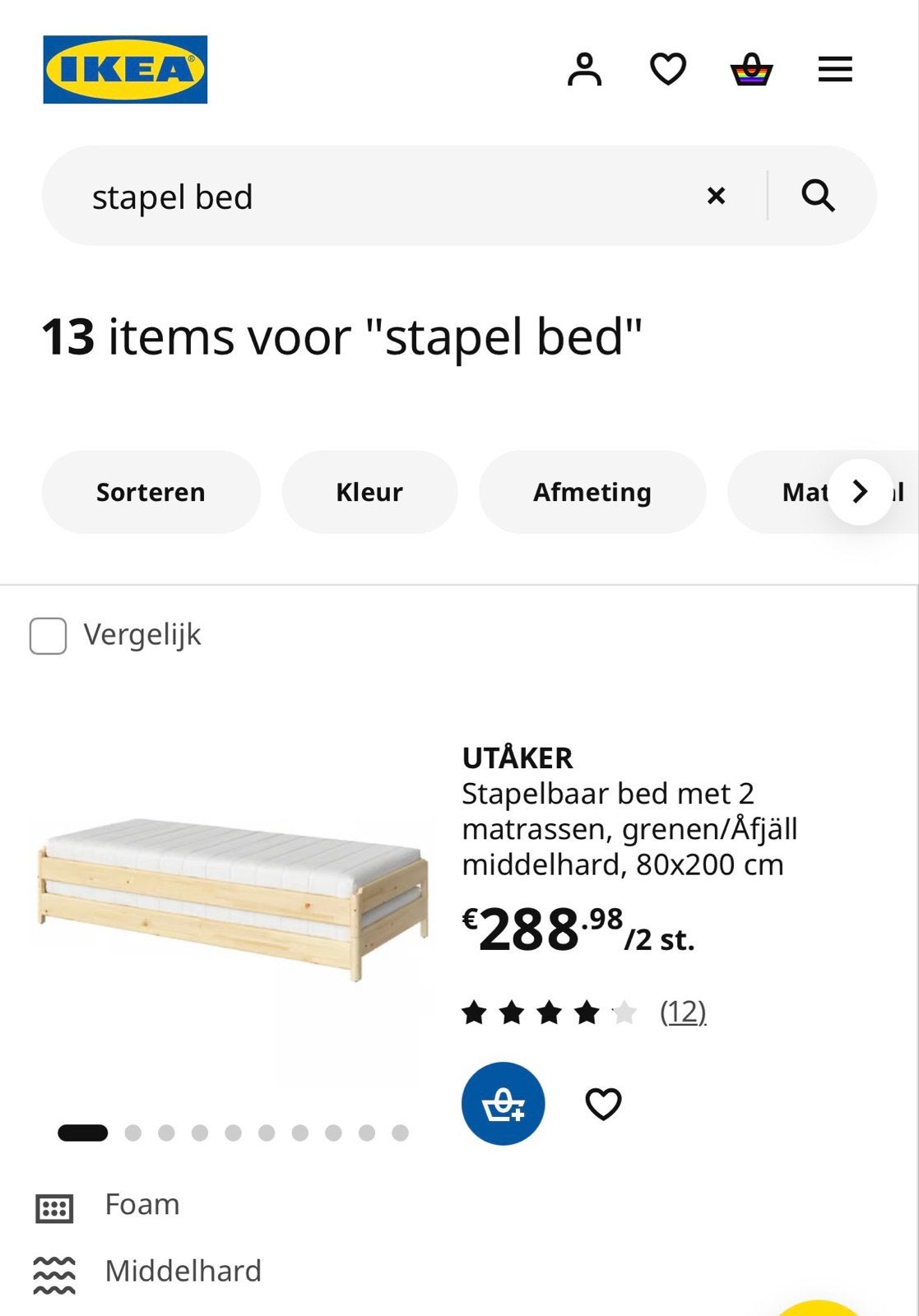 IKEA UTÅKER Stapelbed met 2 matrassen, 80x200 cm, Huis en Inrichting, Gebruikt, Tweepersoons, Ophalen of Verzenden, 80 cm