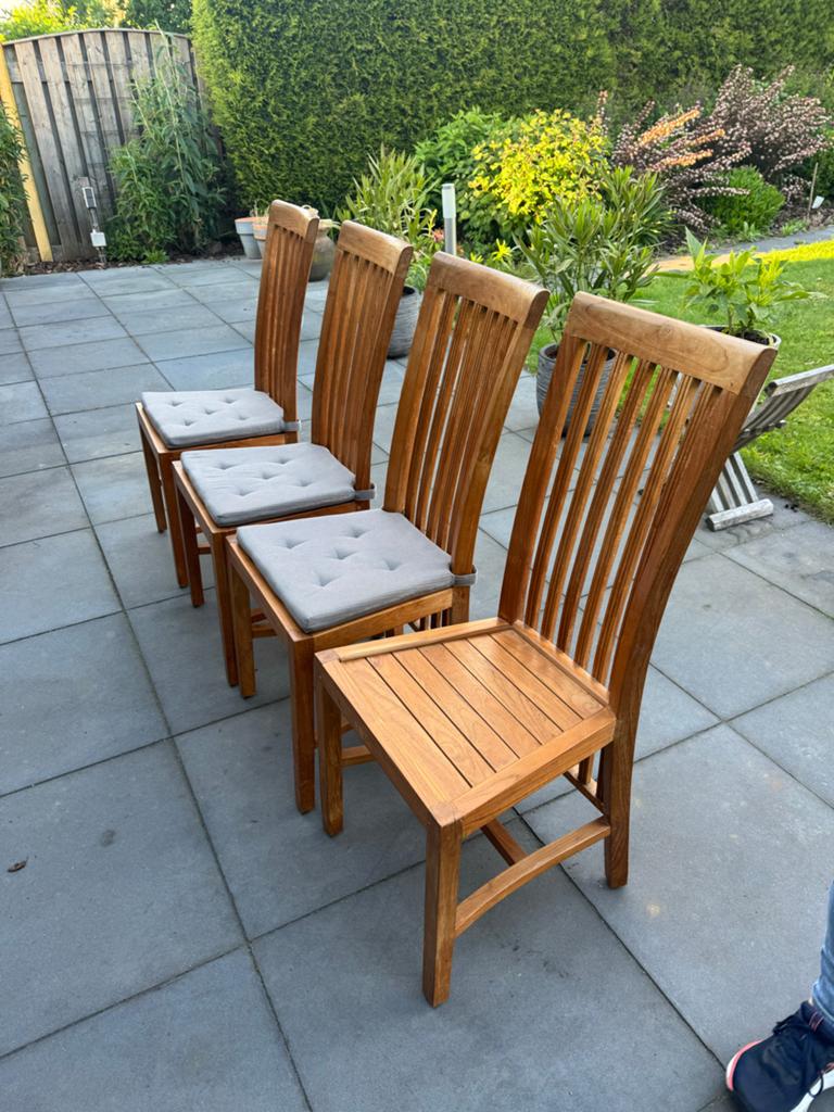 Set van 4 Teakhouten Eetkamerstoelen met Kussens, Ophalen, Gebruikt, Bruin, Vier