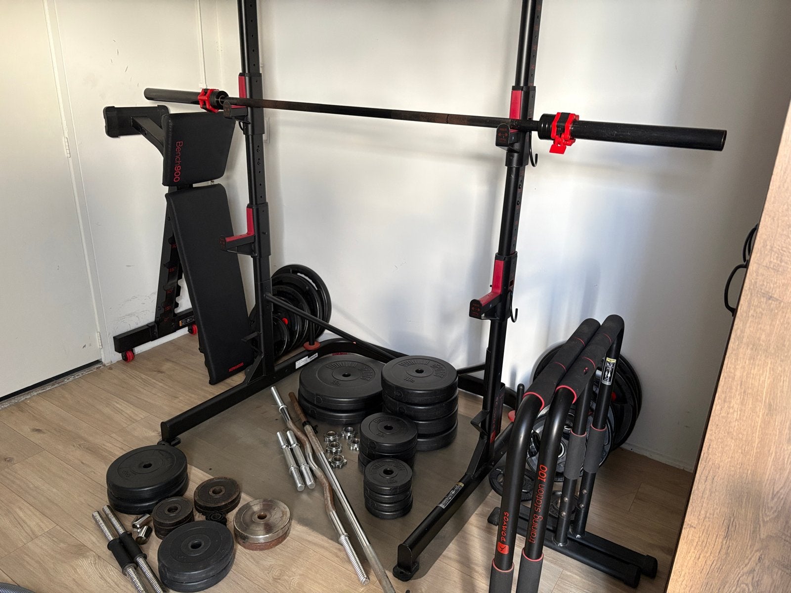 Complete Fitness Set: Squat Rack, Bank, Halters & Gewichten, Ophalen, Gebruikt, Armen, Fitnessbank