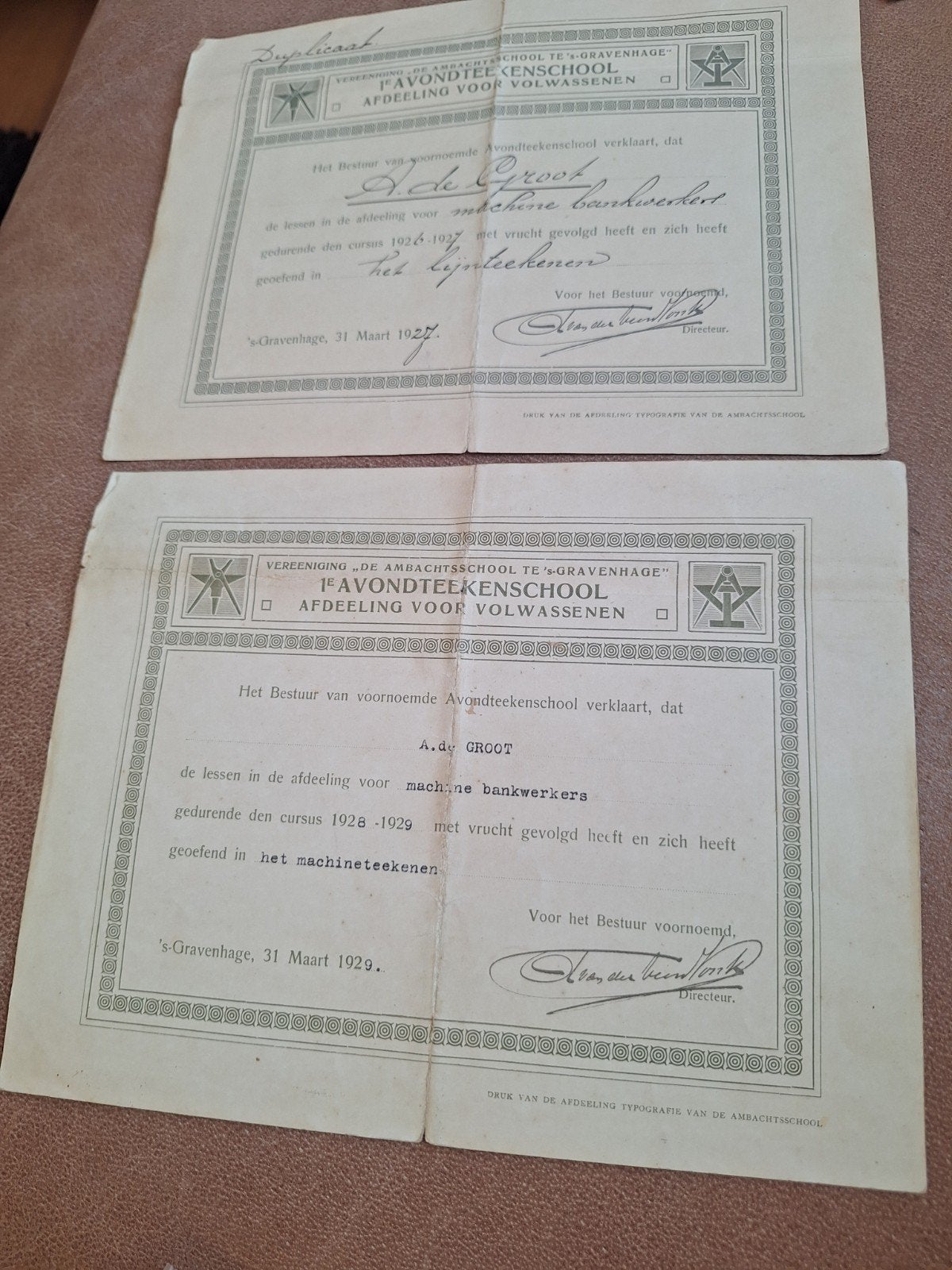 Oude diploma's Avondschool Machine Bankwerker (2 stuks), Ophalen of Verzenden, Gelezen, Onbekend