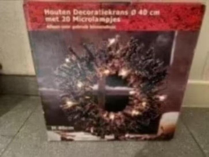 Houten decoratiekrans met 20 lampjes, Diversen, Kerst, Ophalen of Verzenden, Zo goed als nieuw