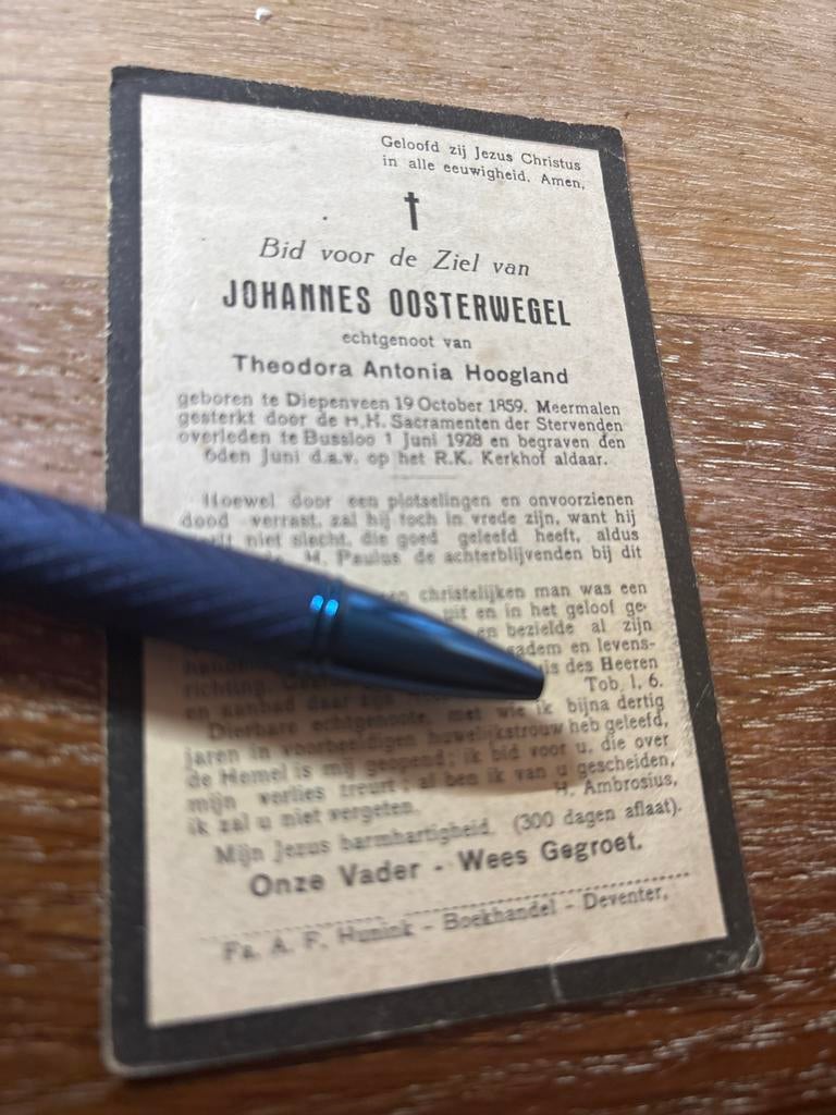 Oosterwegel Johannes 1859 Diepenveen 1928 Bussloo x Hoogland, Ophalen of Verzenden