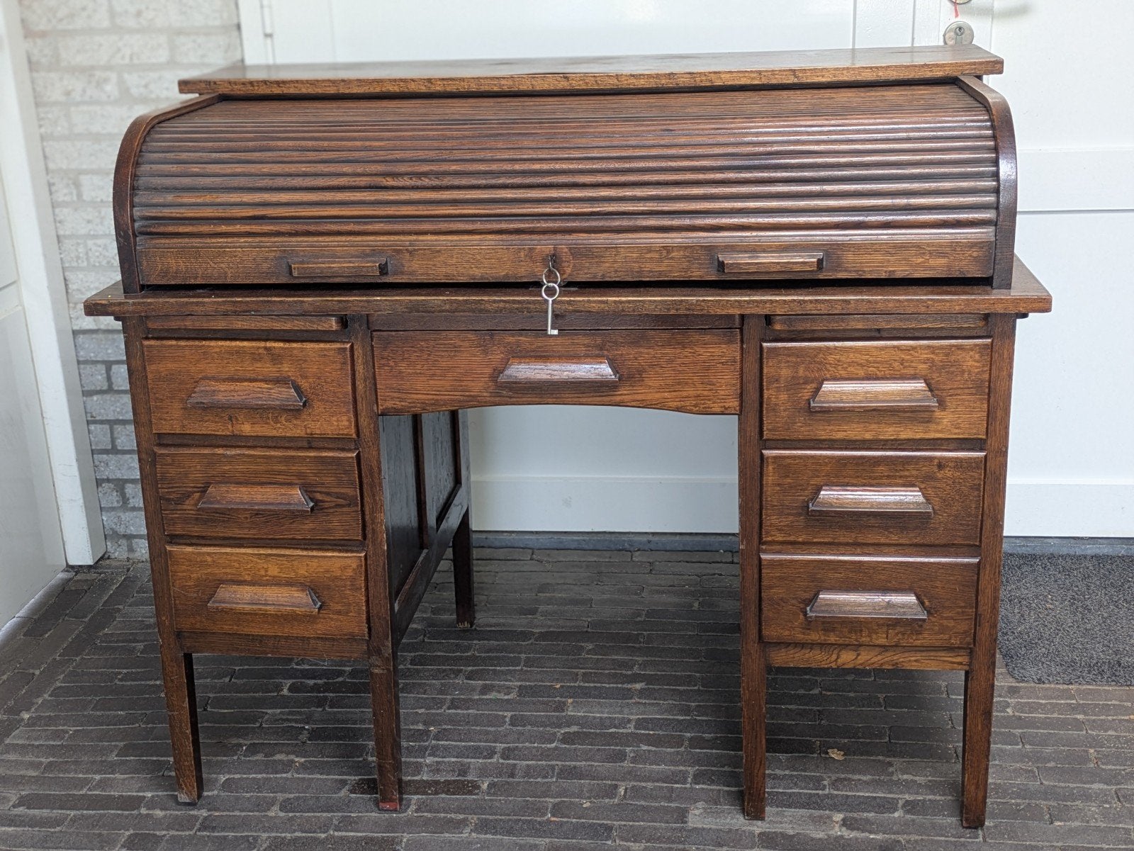 Antiek Eiken Rolluikbureau | Rolltop Desk | Met Sleutel, Ophalen of Verzenden, Gebruikt