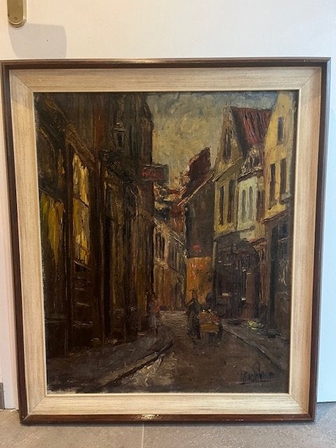Olieverf schilderij op linnen van Leo van der Lubbe, Antiek en Kunst, Ophalen of Verzenden, Stads- / dorpsgezicht