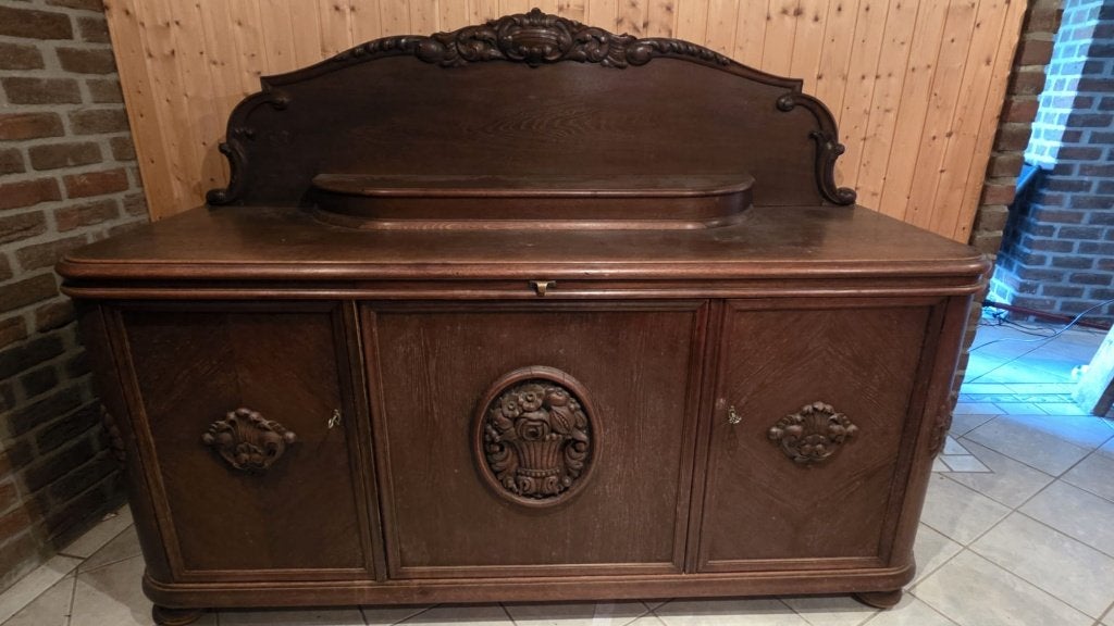Antiek dressoir met houtsnijwerk, Ophalen, Gebruikt, Met lade(s), 200 cm of meer
