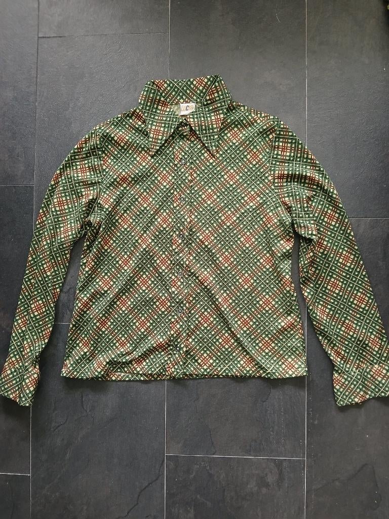 Vintage jaren 70 puntkraag groen rood bruin geruit blouse M, Kleding | Dames, Blouses en Tunieken, Maat 38/40 (M), Verzenden, Zo goed als nieuw