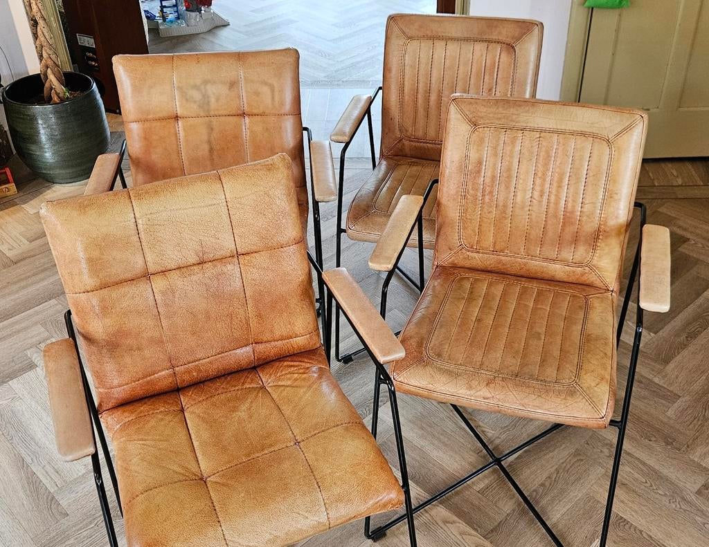 Cognac Leren Eetkamer Stoelen 4 stuks 450 Euro, Ophalen, Gebruikt, Bruin, Leer