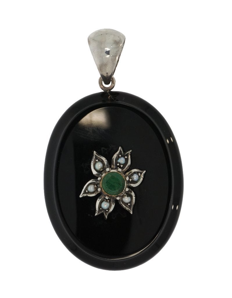 Smaragd antiek grote 14k gouden ketting hanger onyx bloem, Ophalen of Verzenden, Goud, Hanger, Met edelsteen