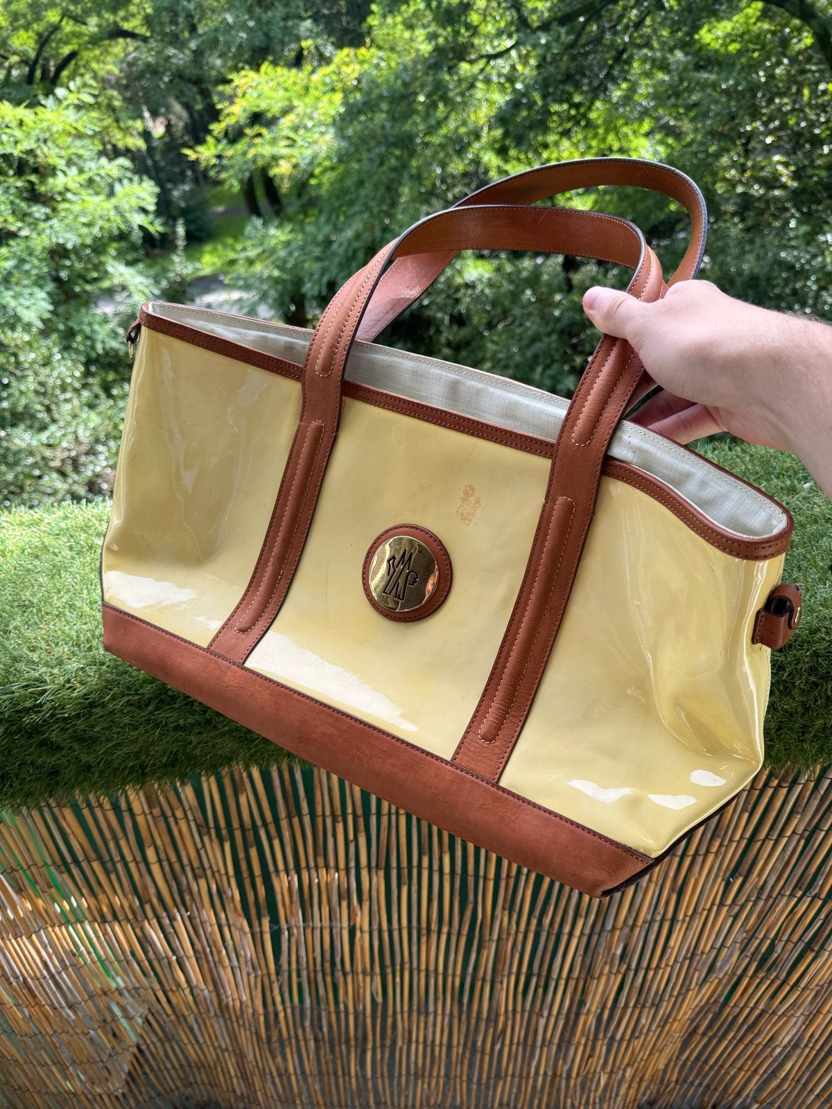 Moncler vintage shopper handtas geel/bruin, Ophalen of Verzenden, Gebruikt, Geel, Shopper