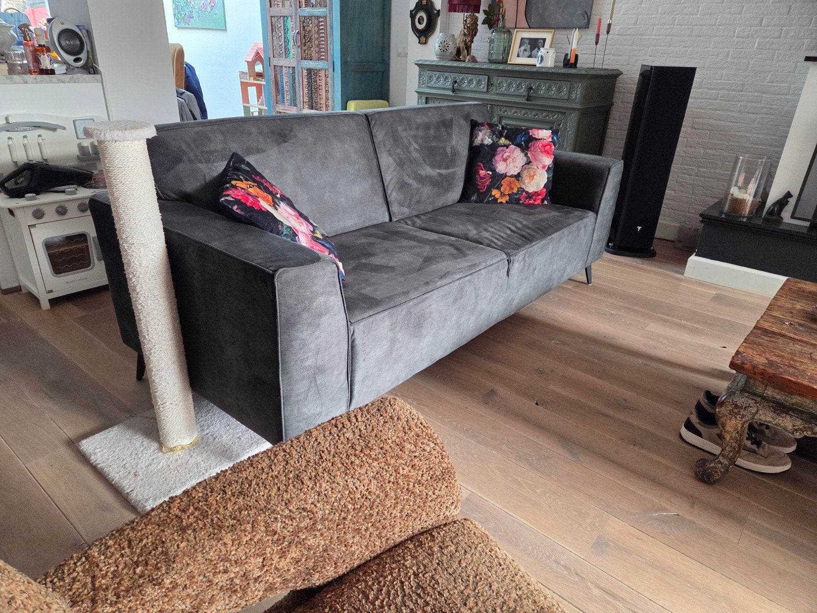 Mooi fluweel groen bankstel! 3 à 4 personen., Ophalen, Gebruikt, Stof
