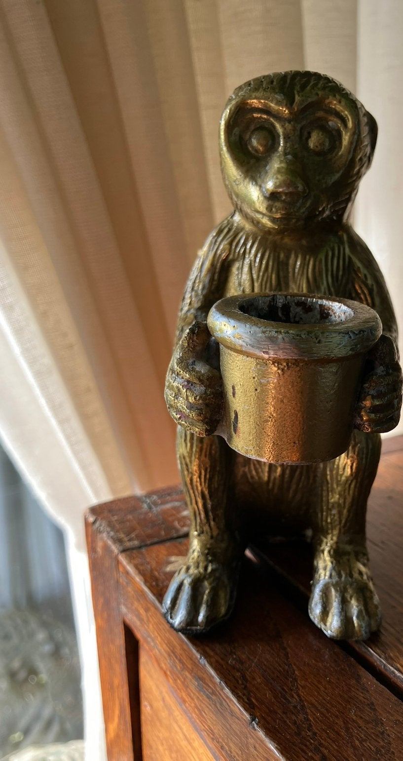 Sissy boy gouden aapje kandelaar kaarshouder, Ophalen of Verzenden, Metaal, Minder dan 25 cm