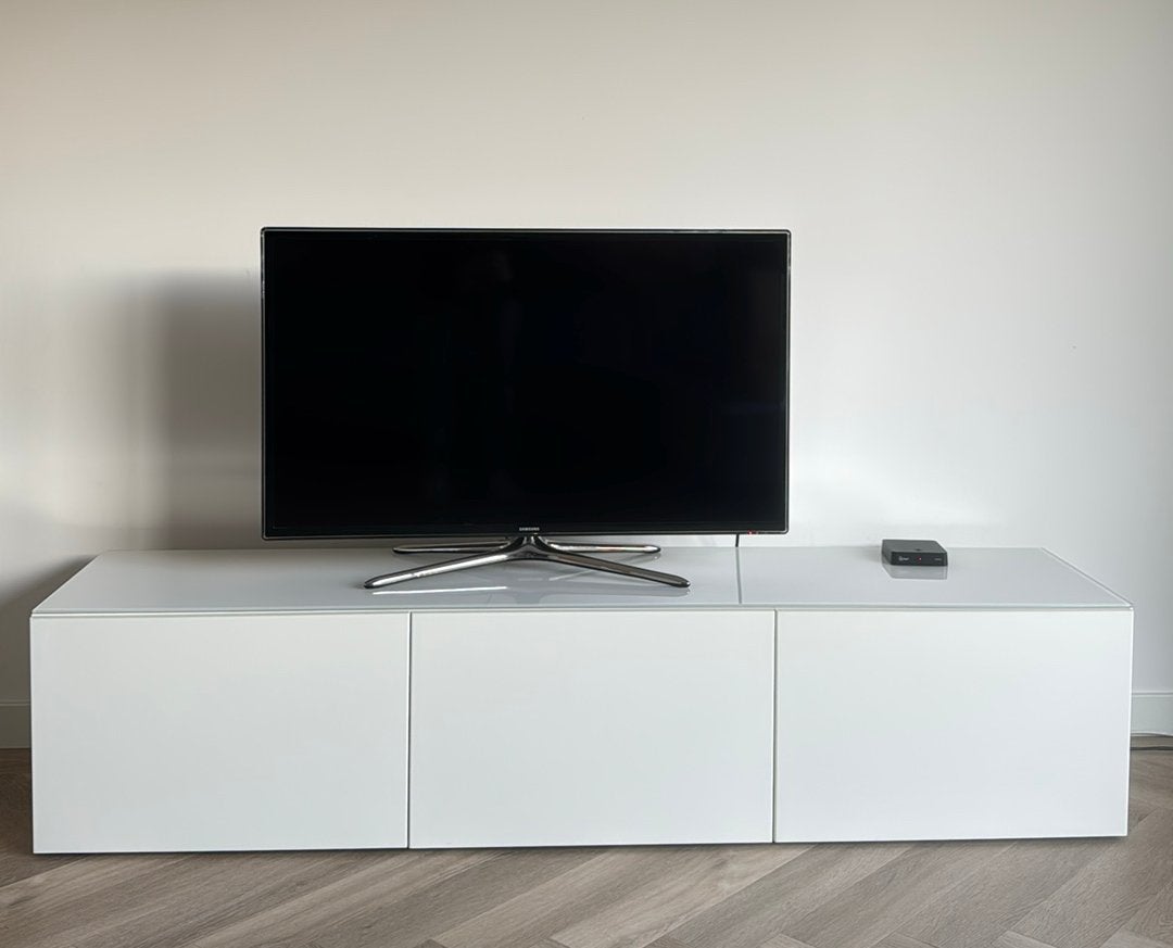 Ikea Bestå tv meubel/opbergkast hoogglans wit met glasplaat, Ophalen, 150 tot 200 cm, Zo goed als nieuw, Minder dan 100 cm