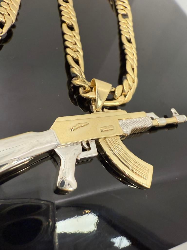 Prachtige 14 karaats gouden figaro ketting met ak-47 hanger, Ophalen of Verzenden, Goud