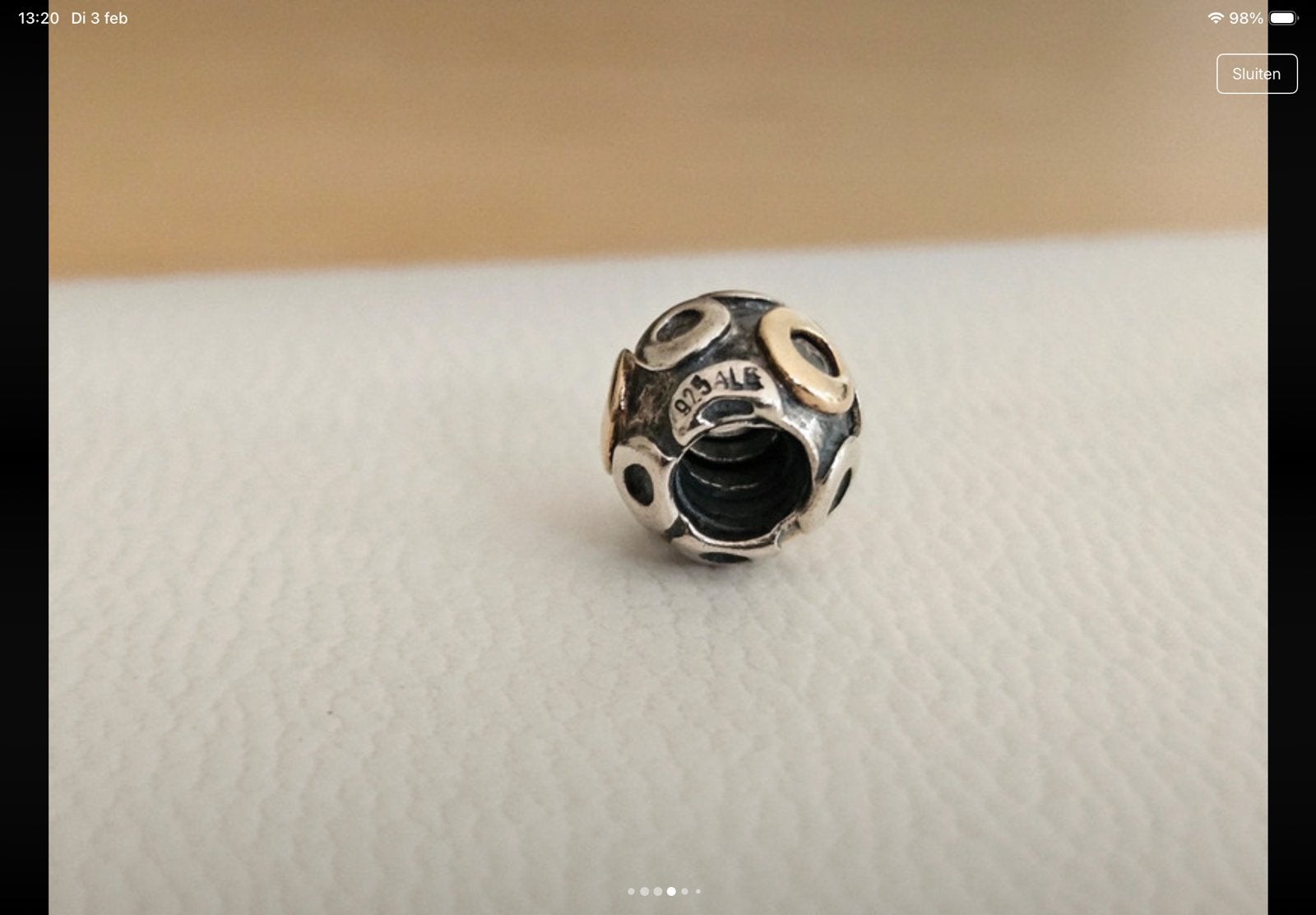 Pandora Bedel O met goud Niet gedragen, Ophalen of Verzenden, Nieuw, Zilver, Pandora