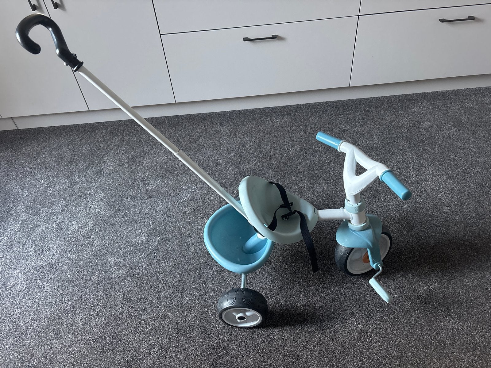 Smoby Be Fun Blauwe Driewieler met Duwstang, Ophalen, Zo goed als nieuw, Overige typen