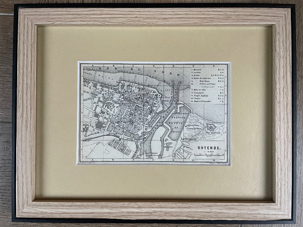 1885 Landkaart Oostende in Belgie O U D in lijst P0618-014, Ophalen of Verzenden, Ets, 1800 - 1899