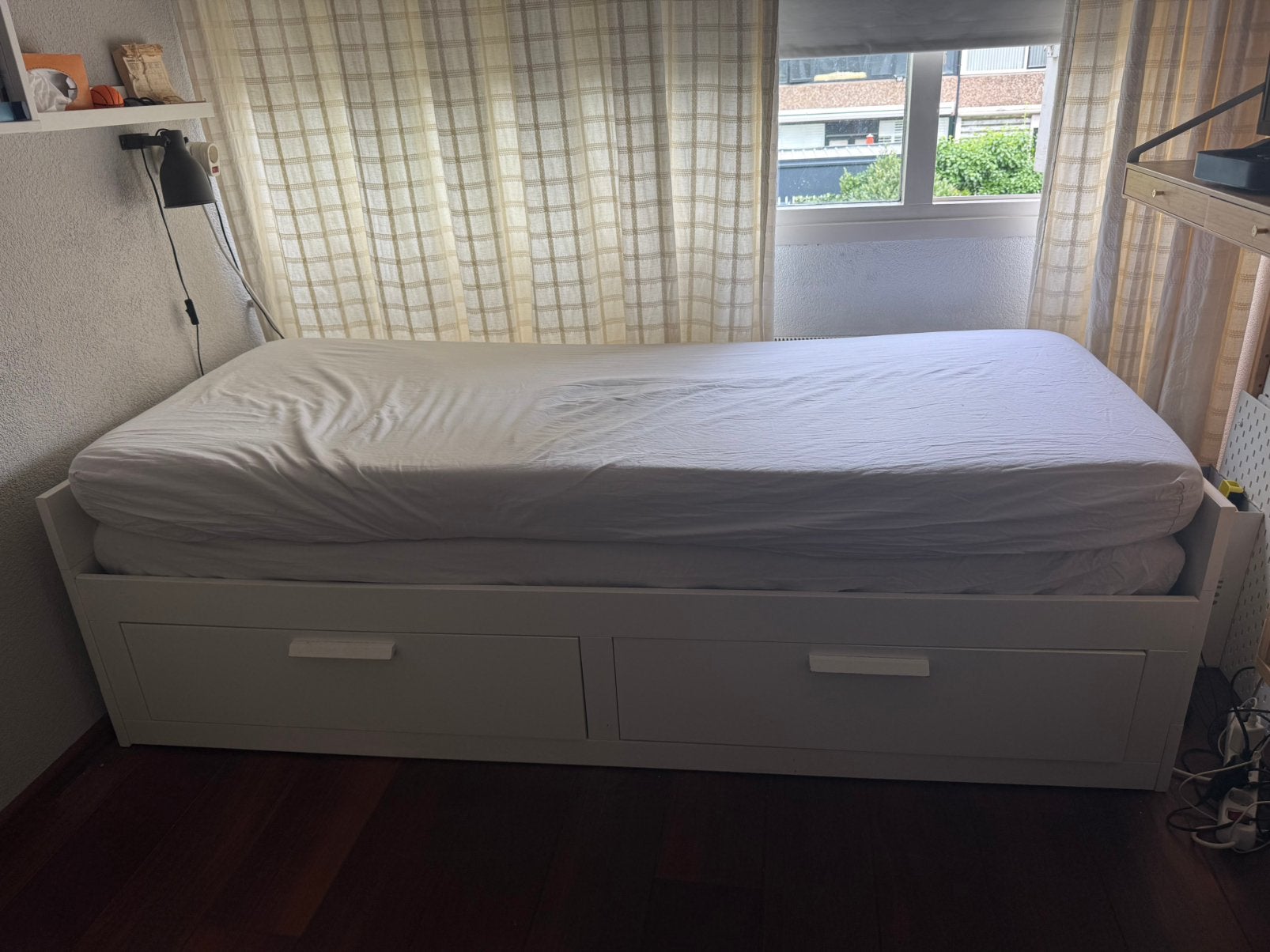Bed met onderschuifbed en laden, Ophalen, 90 cm, Wit, Tweepersoons