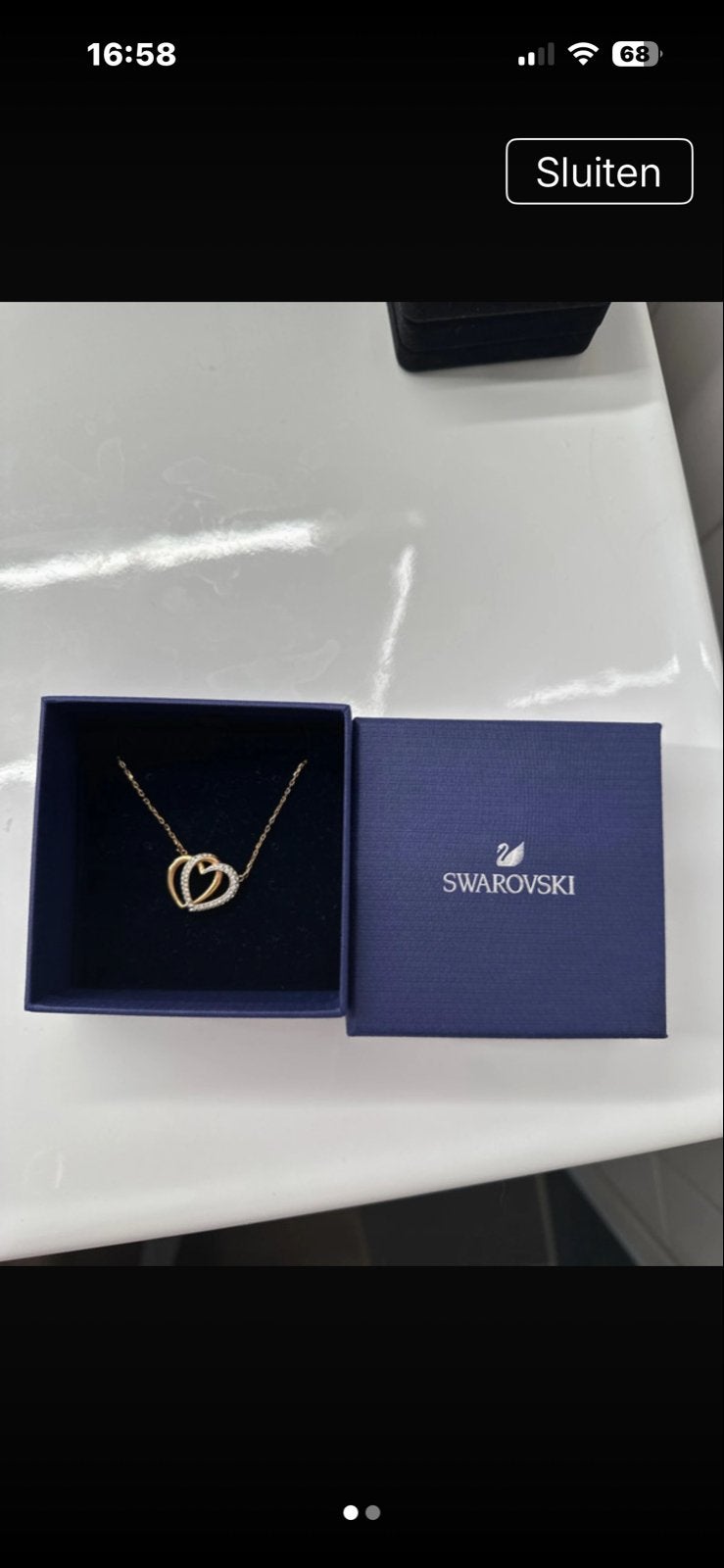 Swarovski ketting met dubbele hart hanger, Ophalen of Verzenden, Zo goed als nieuw, Goud, Overige materialen