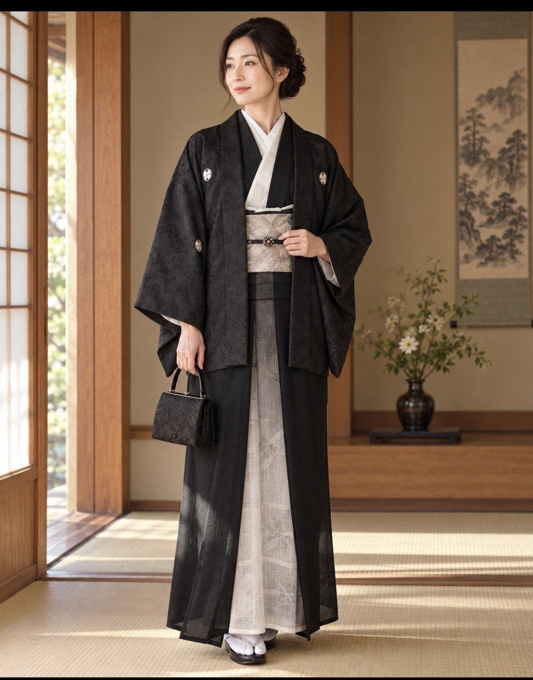 Zeldzame vintage Japanse 3-delige kimono / haori set – kamon, Antiek en Kunst, Ophalen of Verzenden