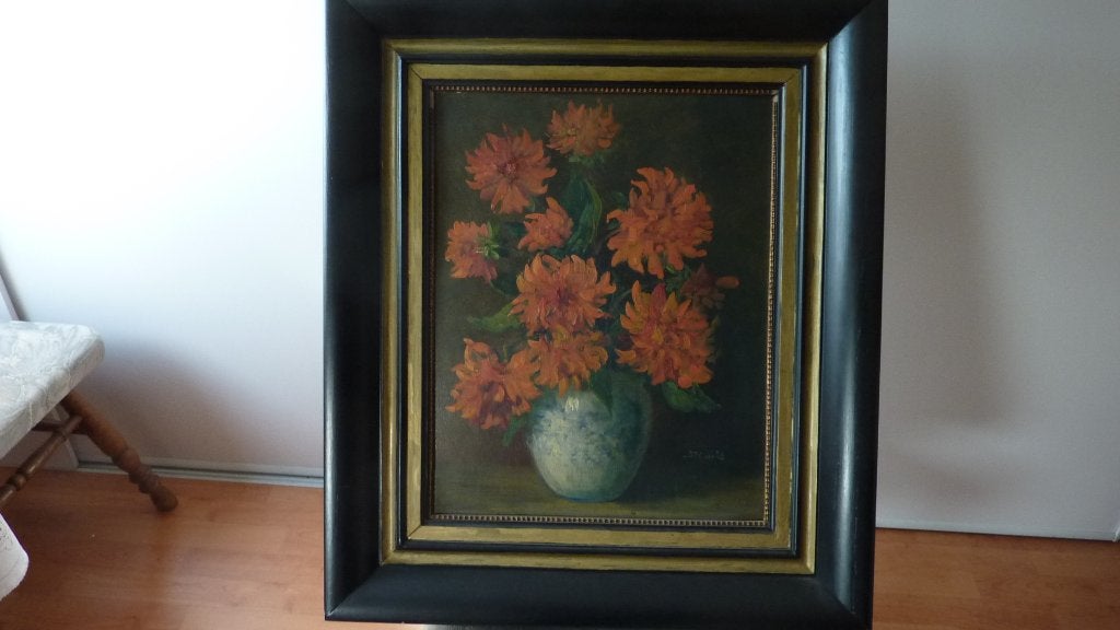 Schilderij bloemen, Paneel, Overige technieken, Klassiek, Handgeschilderd