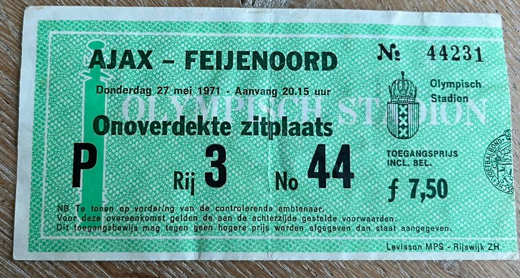 Toegangskaartje Ajax-Feijenoord seizoen 1970/71, Verzamelen, Ophalen of Verzenden, Gebruikt, Ajax