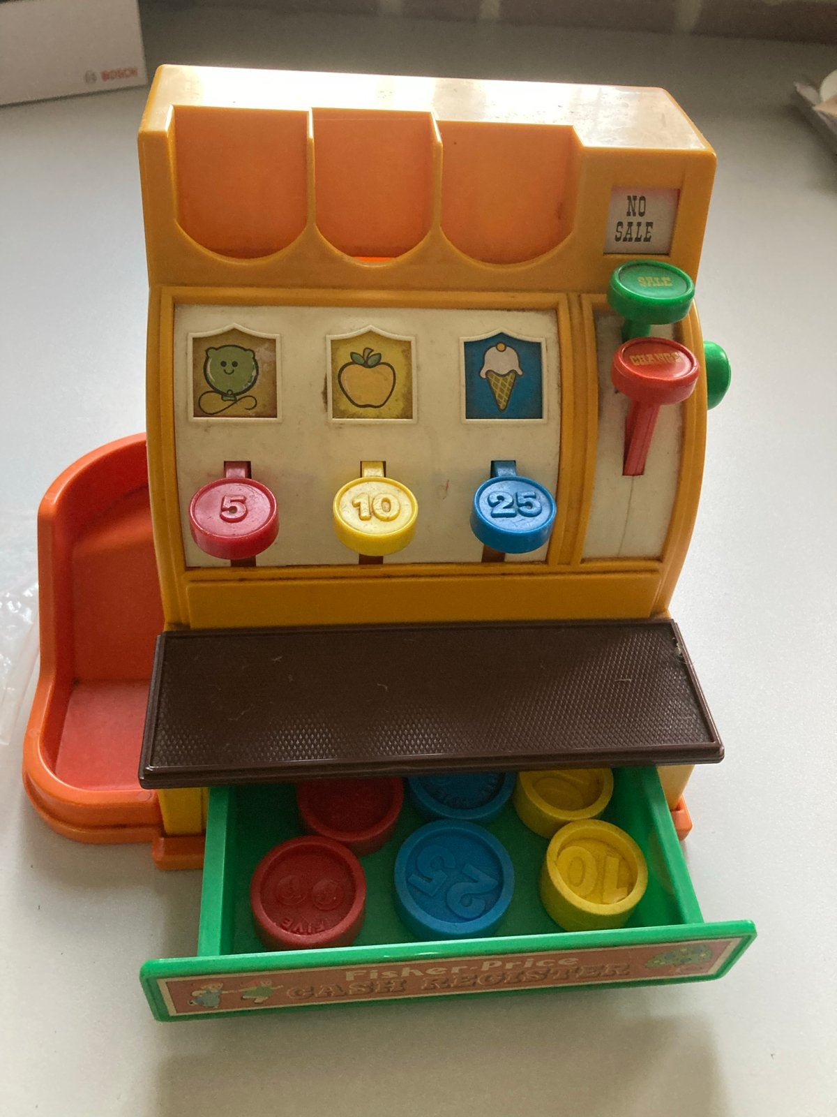 Vintage Fisher-Price kassa met munten, Ophalen, Gebruikt, Speelset