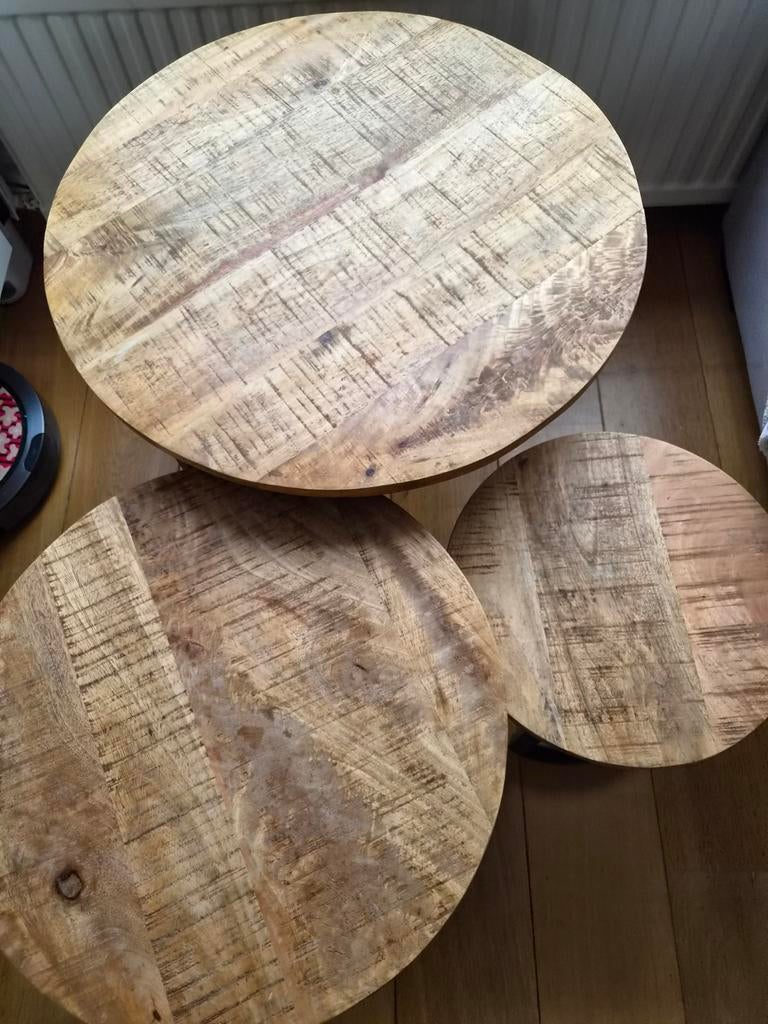 Set van 3 mango houten salontafels, Huis en Inrichting, Tafels | Salontafels, Ophalen, 50 tot 100 cm, Rond, 50 tot 100 cm