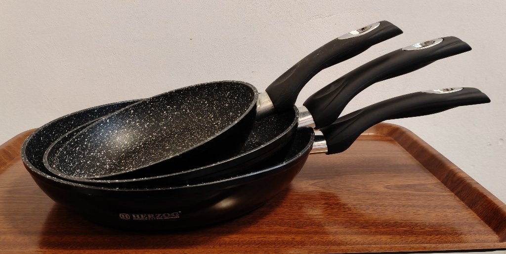 Koekenpannenset Herzog 3 delig € 17,50, Aluminium, Pannenset, Ophalen of Verzenden, Zo goed als nieuw