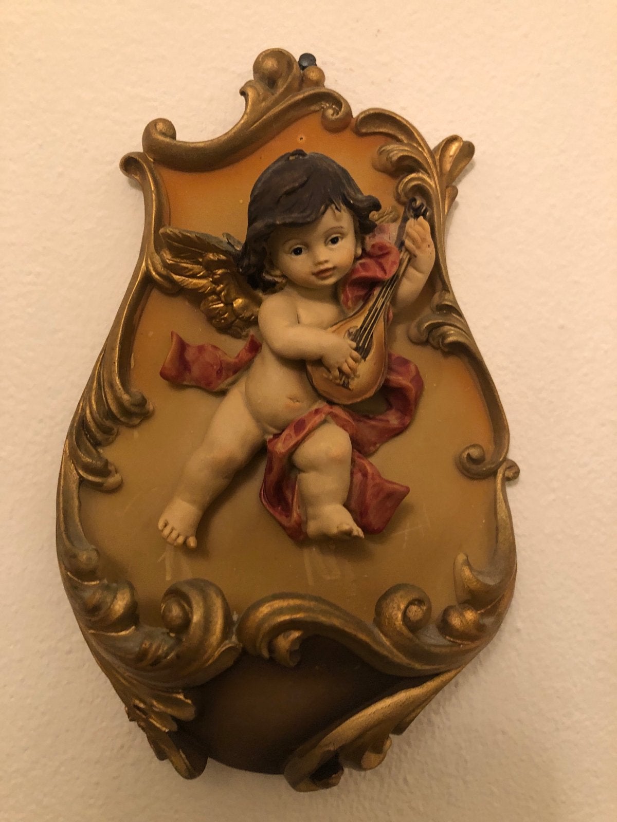 Vintage Cherubijn Wanddecoratie met Mandoline, Ophalen of Verzenden, Wanddecoratie, 20 - 50 cm, Composieten