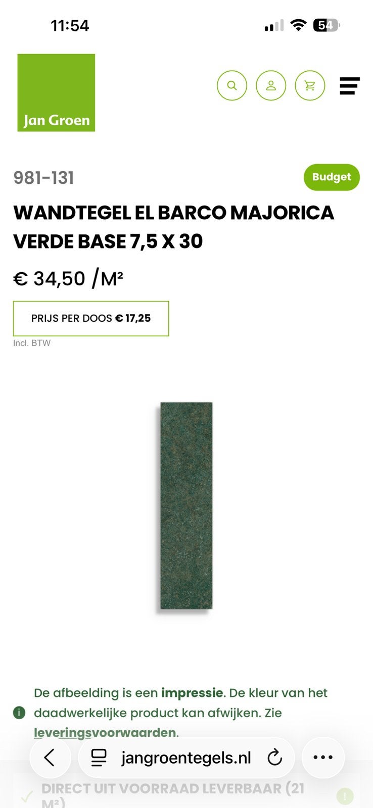 6m2 Wandtegel 7,5x30 | Groen, Ophalen, Minder dan 20 cm, Zo goed als nieuw, 20 tot 40 cm
