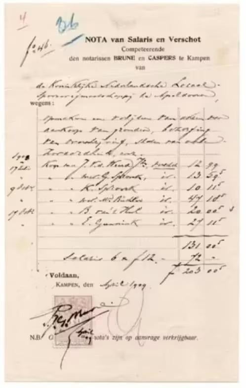 Kampen Notarissen Brune en Caspers Nota KLNS Spoor 1909., Ophalen of Verzenden, Zo goed als nieuw
