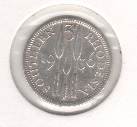 zilveren 3 pence Zuid-Rhodesië 1936 (M 307), Postzegels en Munten, Munten | Afrika, Ophalen of Verzenden, Zimbabwe, Losse munt