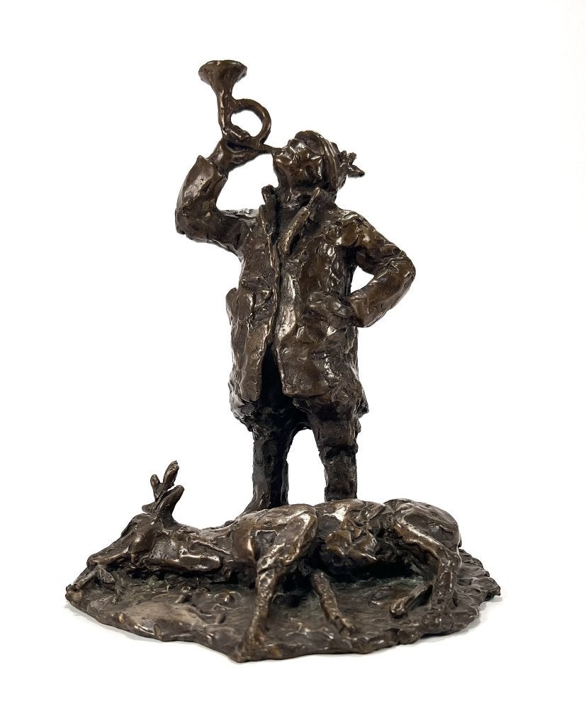 107. Bronzen beeld - jager met dood hert, 20e eeuw, Ophalen of Verzenden