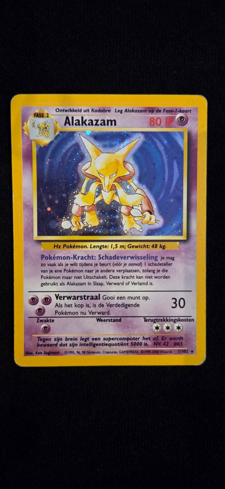 Alakazam Nederlandse Pokémon kaart - Base Set (of 3 holo's), Ophalen of Verzenden, Gebruikt, Losse kaart, Foil