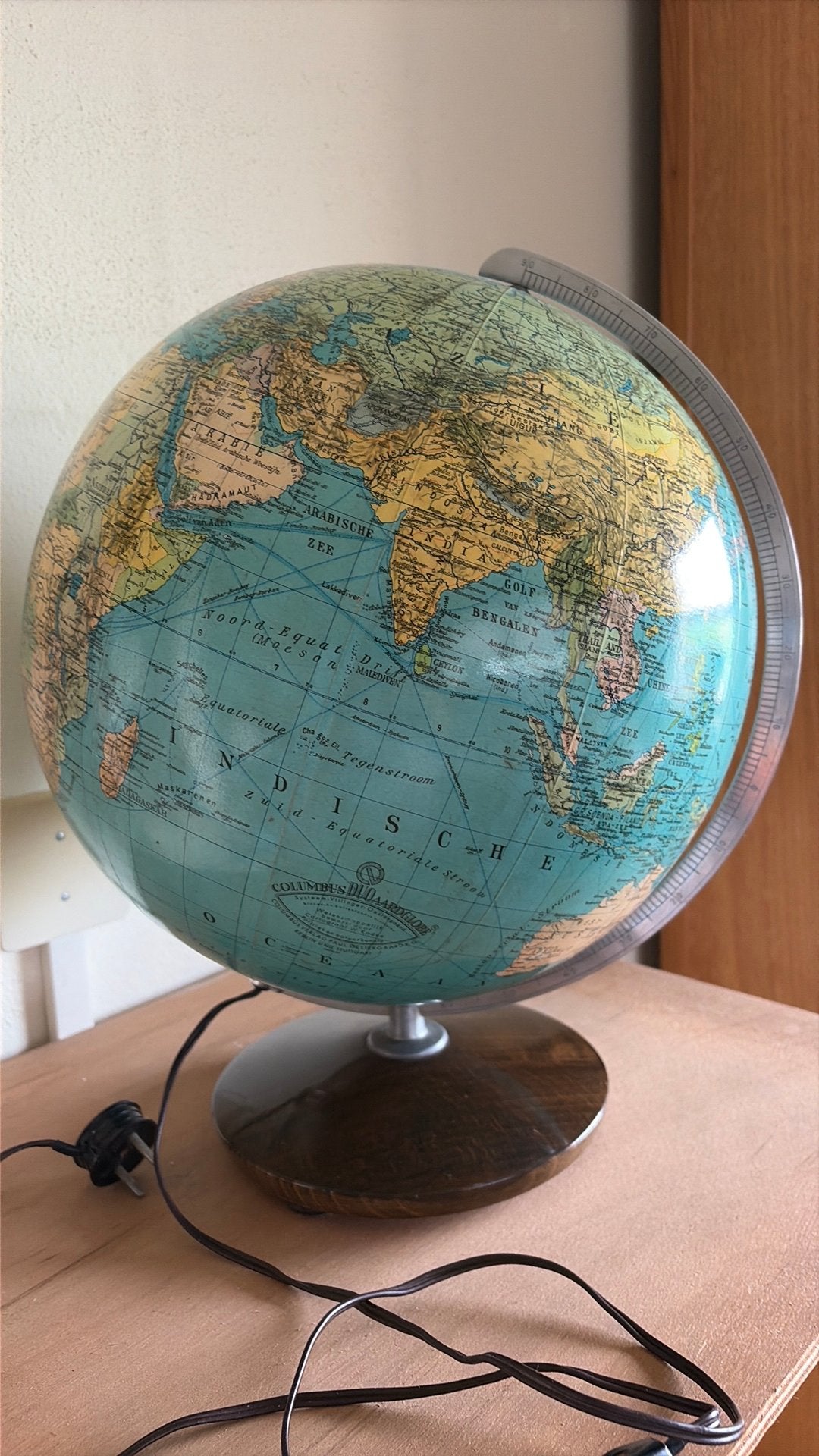 Vintage Wereldbol 'Colomb' - Verlichte Glazen Globe, Glas, Fysische wereldbol, Ophalen of Verzenden, Verlicht