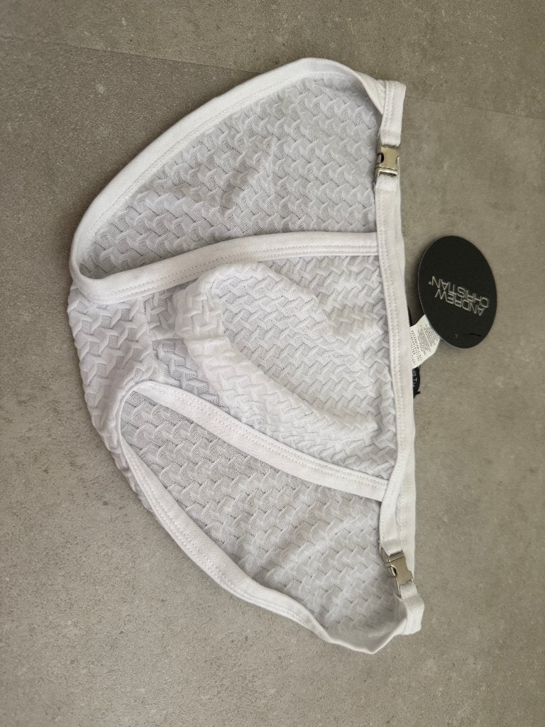 andrew christian shiny tanga slip, met clips, M, Ophalen of Verzenden, Wit, Slip