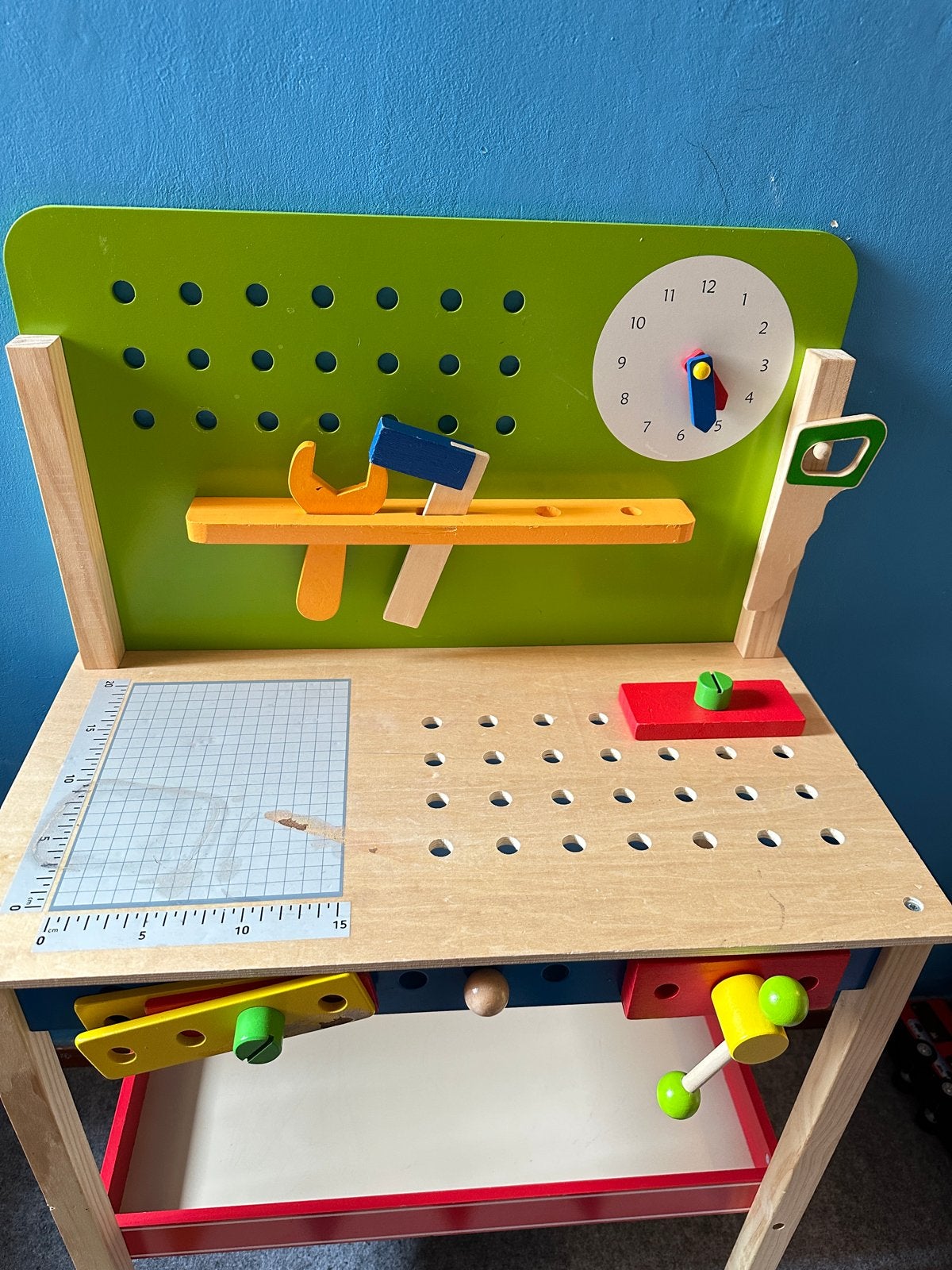 Houten kinderwerkbank met gereedschap en klok, Ophalen, Gebruikt, Jongen of Meisje