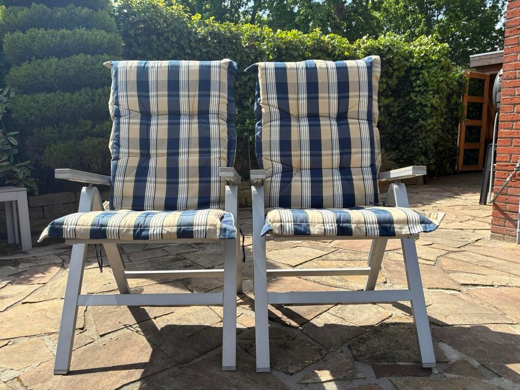 Set van 4 tuinstoelen met Cinderella tuinkussens, Ophalen, Gebruikt, Aluminium, Verstelbaar