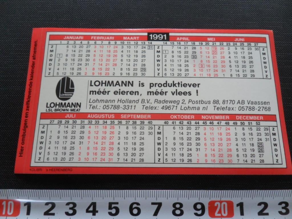 sticker Kalender 1991 Vaassen LOHMANN Holland bv *, Ophalen, Zo goed als nieuw