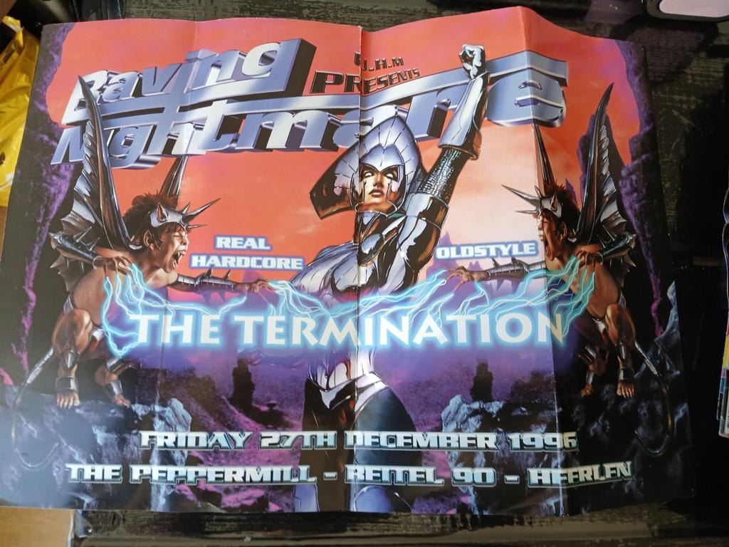 Flyer raving nightmare the termination 1996, Gebruikt, A4 of kleiner, Vierkant, Ophalen of Verzenden
