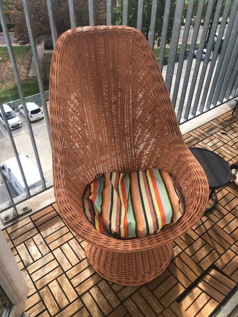 Rotan rieten kuipstoel / fauteuil met kussen, Ophalen, Gebruikt, Minder dan 75 cm, Riet of Rotan