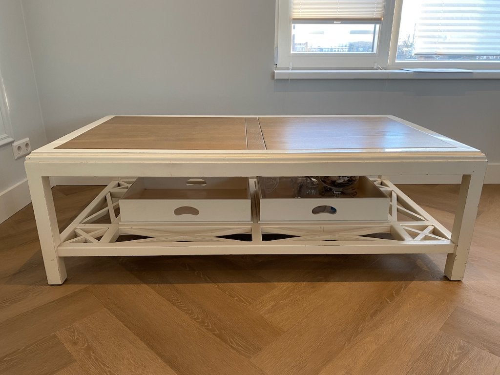 Rofra Home Salontafel – Hampton stijl – Wit/Eiken – 2 lades, Huis en Inrichting, Ophalen, Gebruikt, 100 tot 150 cm, Eikenhout