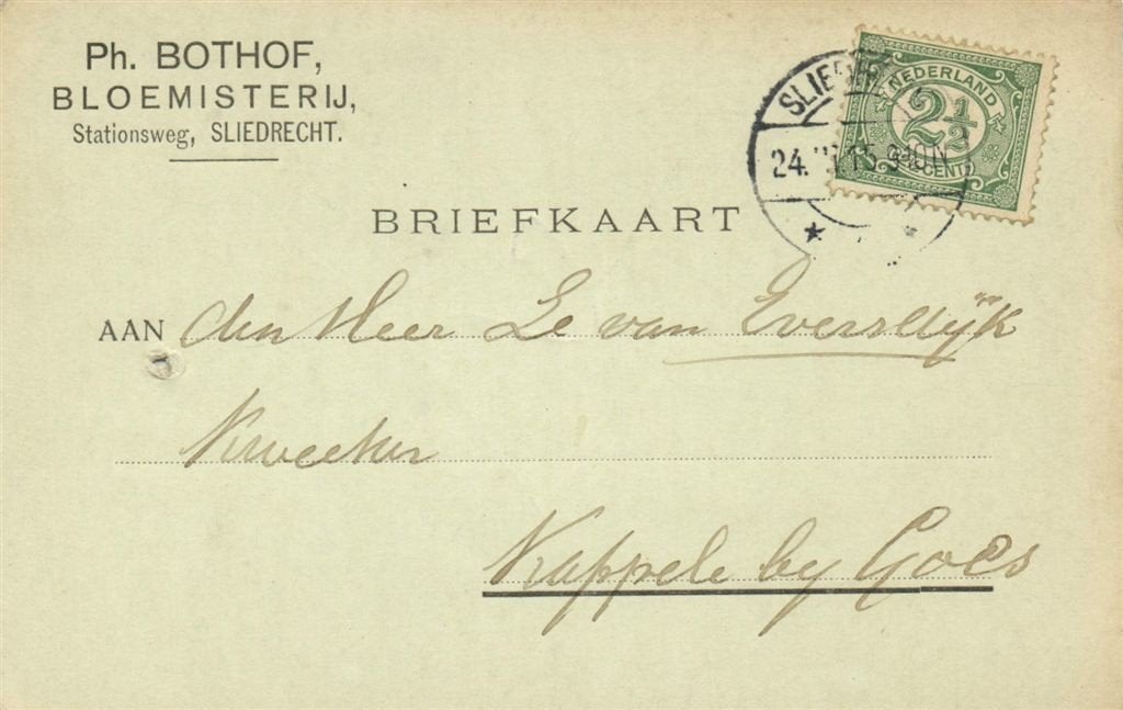 Ph. Bothof, Bloemisterij, Sliedrecht - 03.1915 - briefkaart, Ophalen of Verzenden, Briefkaart