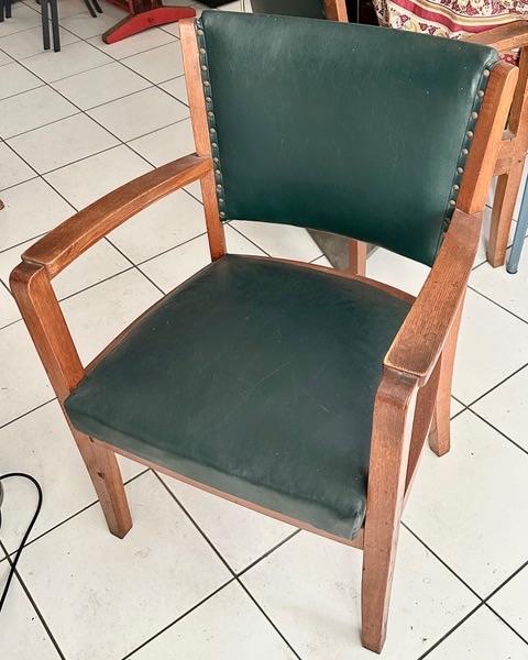 Vintage stoelen armstoelen eiken groen leer fifties, Ophalen, Gebruikt, Twee, Overige kleuren