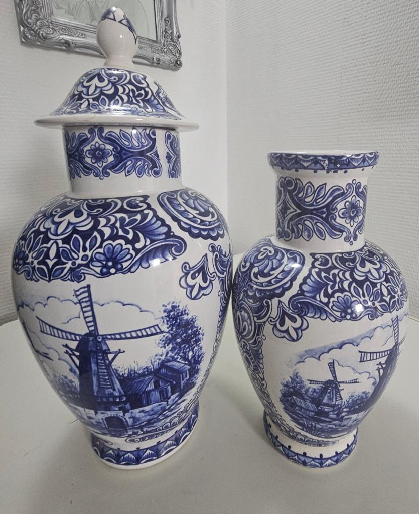 Delfts Blauw vazen set - Windmolen decoratie, Antiek en Kunst, Ophalen of Verzenden