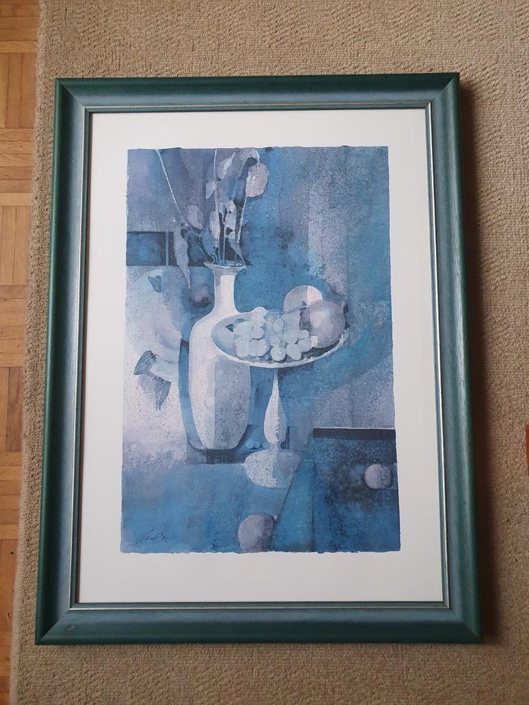 Groot blauw stilleven print in blauwgroene lijst, Ophalen of Verzenden