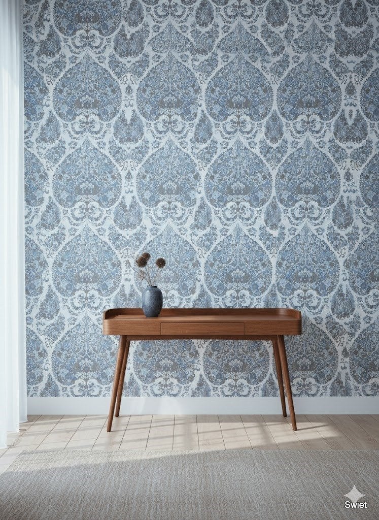 14213 vintage barok vinyl behang blauw dieren swiet, Verzenden, Blauw